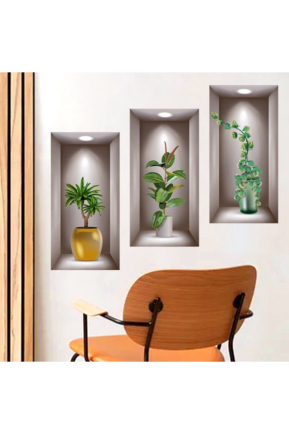 3PCS Potted Green Plant Wall Stickers Self Adhesive Decals Living Room Art Decor-2#