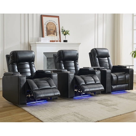 3PCS Power Zero Gravity Recliner with Adjustable Headrest,Wireless Charger,USB/Type-C Port,LED Light,Storage Console,Cup Holder,Swivel Tray Table,Faux Leather Electric Reclining Chair Set of 3,Black