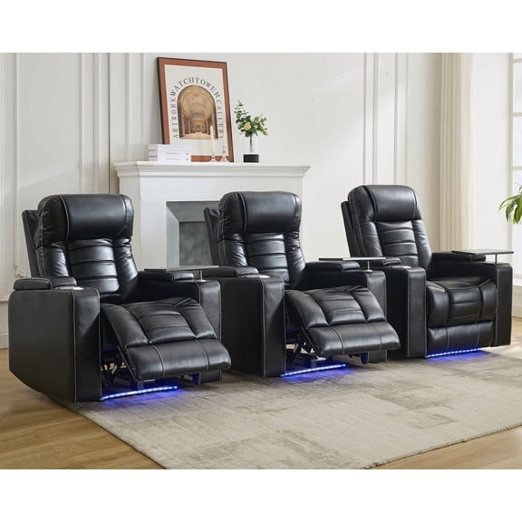 3PCS Power Zero Gravity Recliner with Adjustable Headrest,Wireless Charger,USB/Type-C Port,LED Light,Storage Console,Cup Holder,Swivel Tray Table,Faux Leather Electric Reclining Chair Set of 3,Black