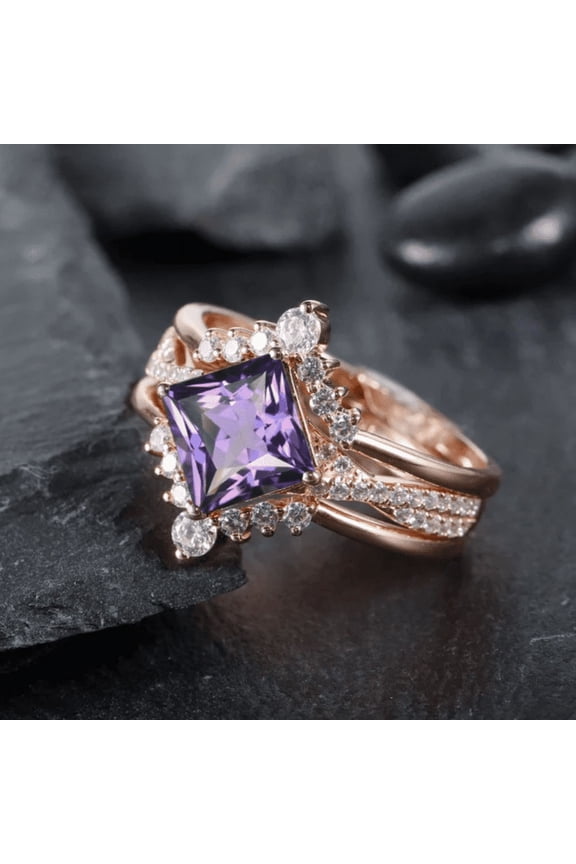 3PCS Princess Cut Amethyst Bridal Set - Vintage Alternative Twist Band Wedding Set -14K Rose Gold Finish Amethyst Promise Engagement Ring Set