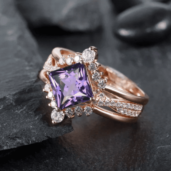 3PCS Princess Cut Amethyst Bridal Set - Vintage Alternative Twist Band Wedding Set -14K Rose Gold Finish Amethyst Promise Engagement Ring Set