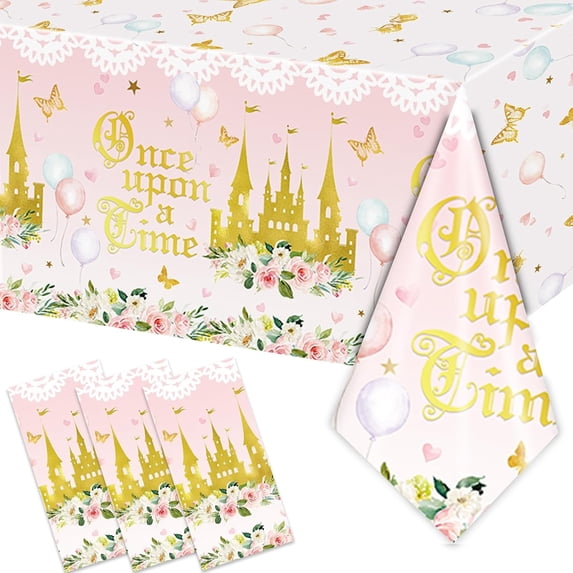 3PCS Princess Party Tablecloths for Girls Kids Baby Shower 1st Birthday Fairy Tale Castle Themed Table Cover Once Upon a Time Party Decorations Party Table Cloth