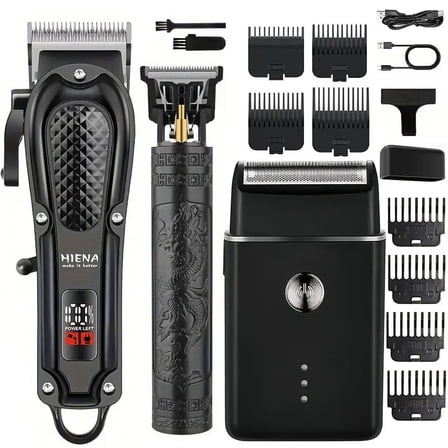 3PCS Professional Men Hair Clippers, Cordless Barber Clipper & T-Blade Beard Hair Trimmer Set, Electric Razor Foil Shaver