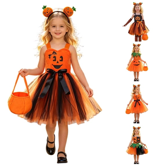 3PCS Pumpkin Halloween Dresses Kids Girls Princess Birthday Party Dress up Outfit with Headband Bags Set 2T