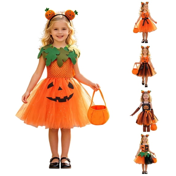 3PCS Pumpkin Halloween Dresses Kids Girls Princess Birthday Party Dress up Outfit with Headband Bags Set 2T