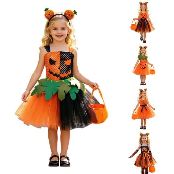 3PCS Pumpkin Halloween Dresses Kids Girls Princess Birthday Party Dress up Outfit with Headband Bags Set 6-7 Years
