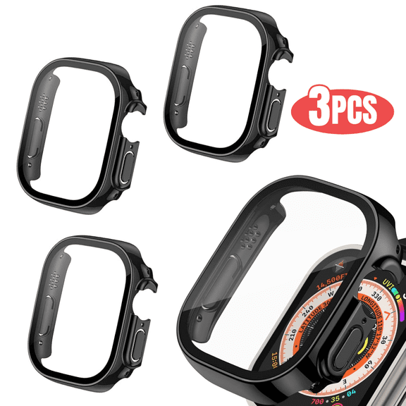 3PCS Qixxronics for Apple Watch Case, Ultra 3 (49mm), Black, with Built-in Tempered Glass Screen Protector