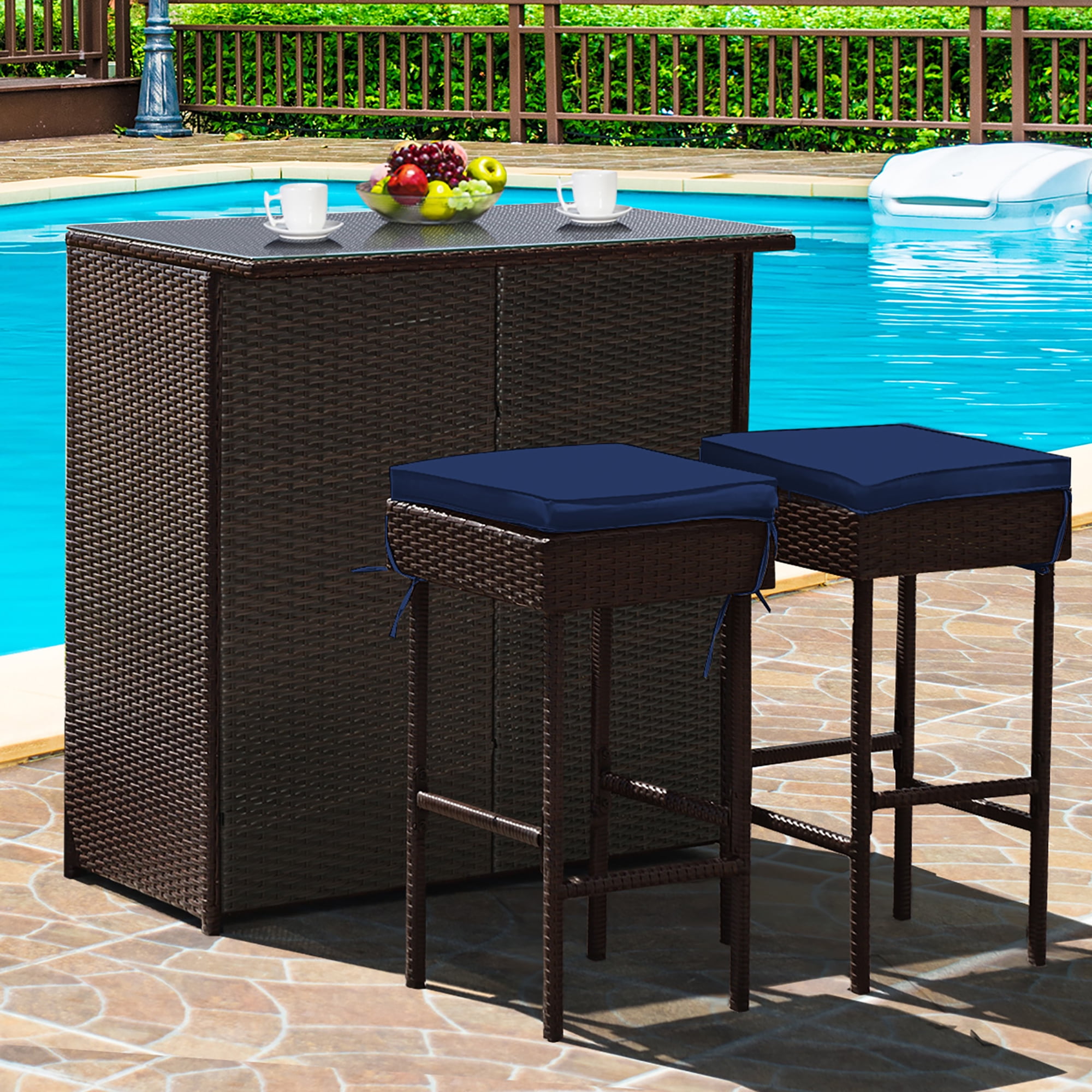 3PCS Rattan Bar Table Stool Set Cushioned Chairs with Navy Off White Cover