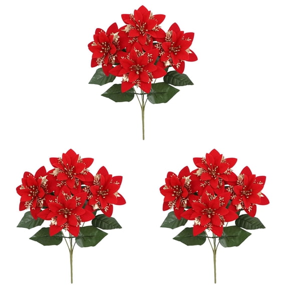 3PCS Red Velvet Poinsettia Flowers Artificial Christmas Decor Bouquet- Poinsettia Stems for Holiday Table Centerpiece Decorations,Tree,Porch,Patio,Indoor Outdoor Party Home Decor(13in,Red,Gold))
