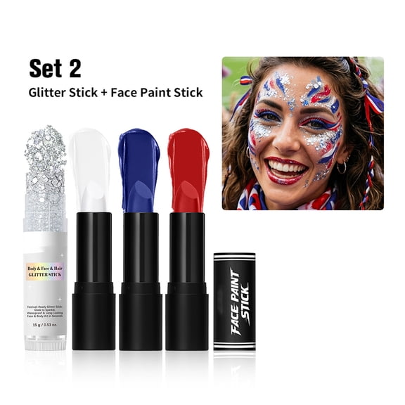 3PCS Red White Blue Face Paint Stick Set, body paint brushes, use on the Face, Body and Hair, No smudging, for Halloween Special Effects Independence Day Party