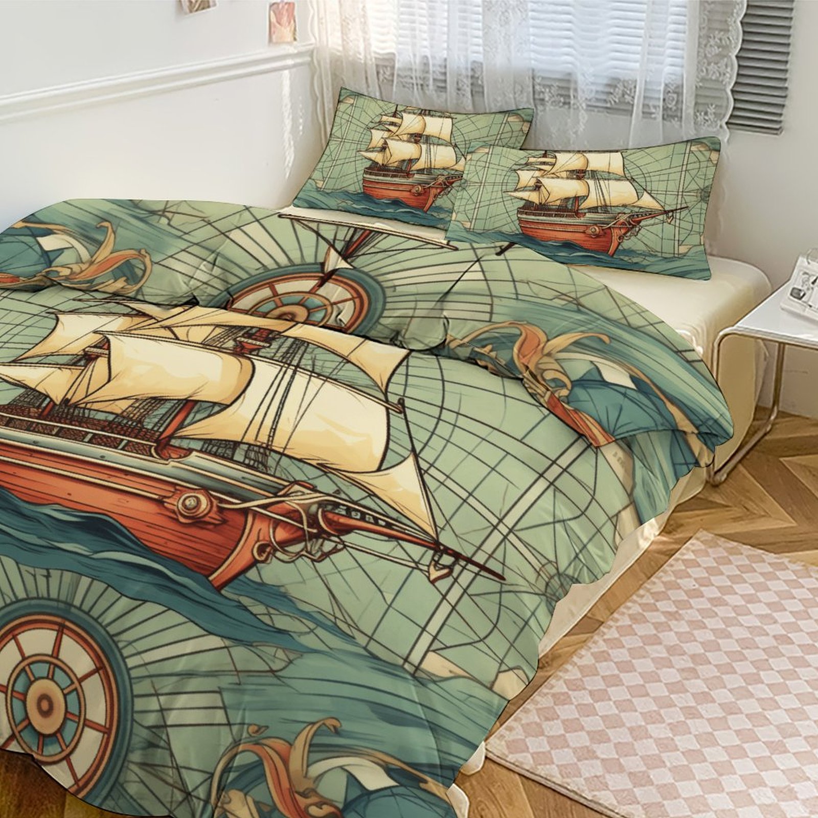 3PCS Retro Sail Duvet Cover Set Twin, 1 Duvet Cover And 2 Pillowcase