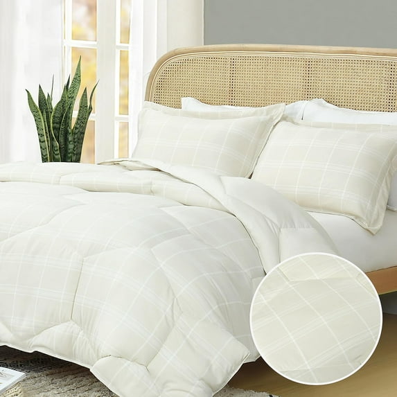3PCS Reversible Check Pattern Comforter Set Cationic Dyeing Bed Set