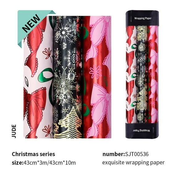 3PCS Reversible Christmas Wrapping Paper Roll Set,17 Inch x 12 Feet Christmas Wrapping Paper - Bow and Snowflake Wrapping Paper for Christmas,Holiday,Party(B)