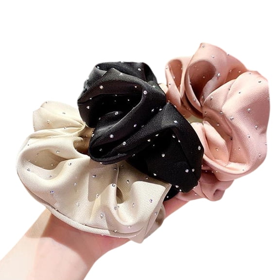 3PCS Rhinestones Embellished Scrunchie Ruffled Cloth Ponytail Holder Large Beads Hair Ties for Daily Use or Parties