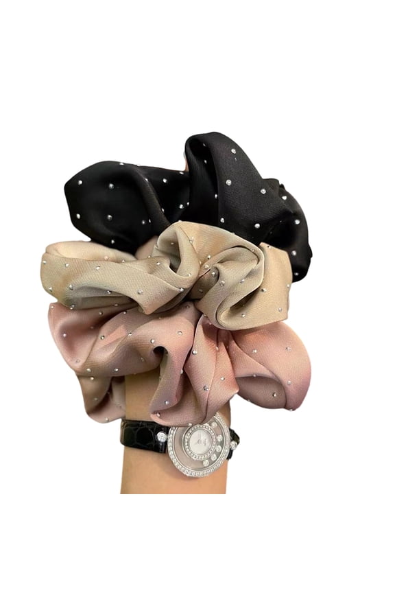 3PCS Rhinestones Embellished Scrunchie Ruffled Cloth Ponytail Holder Large Beads Hair Ties for Daily Use or Parties