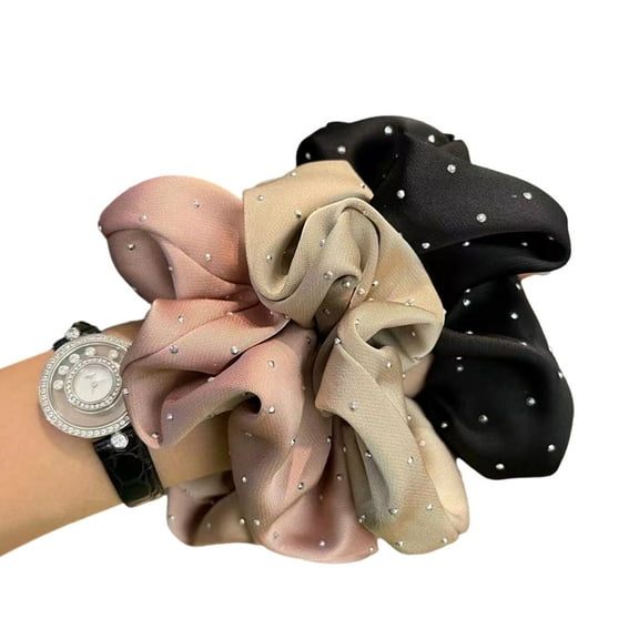 3PCS Rhinestones Embellished Scrunchie Ruffled Cloth Ponytail Holder Large Beads Hair Ties for Daily Use or Parties