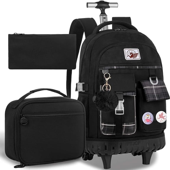 3PCS Rolling Backpack for Women, Girls Wheeled Bookbag with Lunch Box for Adults, Water Resistant Roller School Bag for College Teens Kids Travel - Black