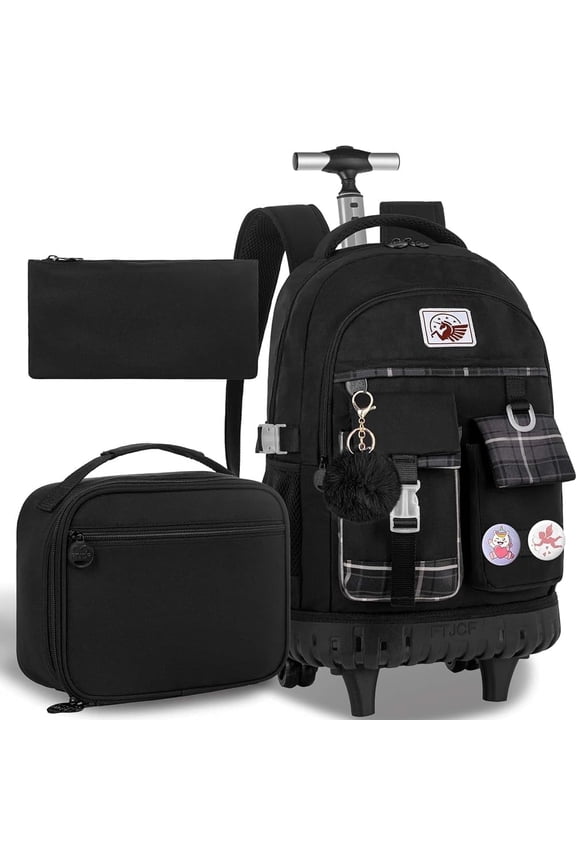 3PCS Rolling Backpack for Women, Girls Wheeled Bookbag with Lunch Box for Adults, Water Resistant Roller School Bag for College Teens Kids Travel - Black