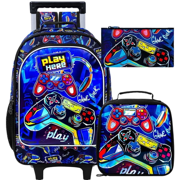3PCS Rolling Backpack for Boys, Kids Roller School Bookbag Set, Water Resistant Wheeled Backpacks for Teens Boys Elementary Trave