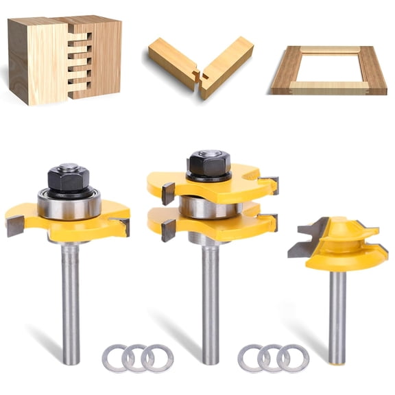 3PCS Router Bit Set, Tongue and Groove Router Bit Set 3 Teeth T Shape 1/4 Shank Lock Miter Adjustable T-Shape Wood Milling Cutter for Cabinets, Flooring, and Woodworking