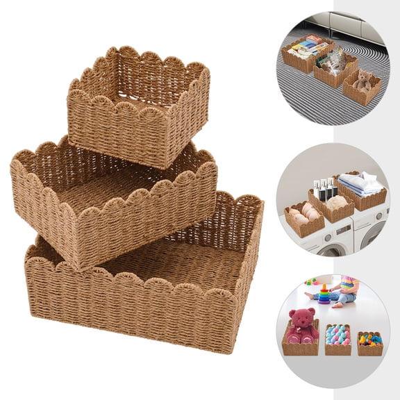 3PCS Rural Rectangle Storage Baskets Scalloped Edge Weaving Basket Brown