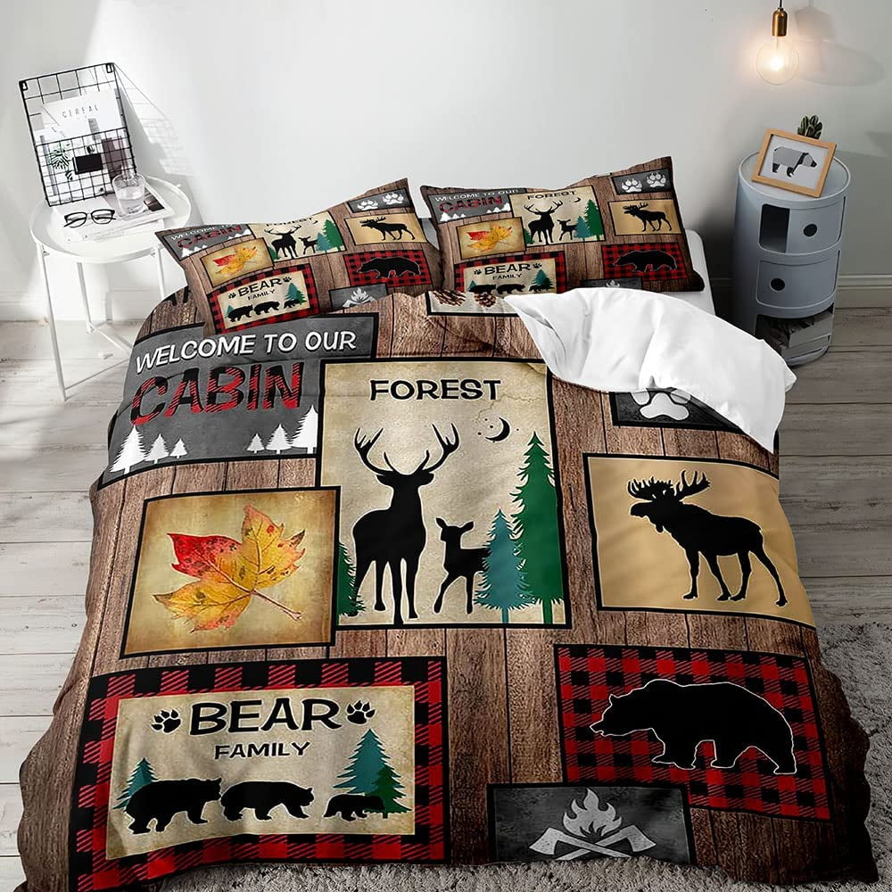 3PCS Rustic Cabin Bedding, Duvet Cover, Black Bear Deer Elk Moose
