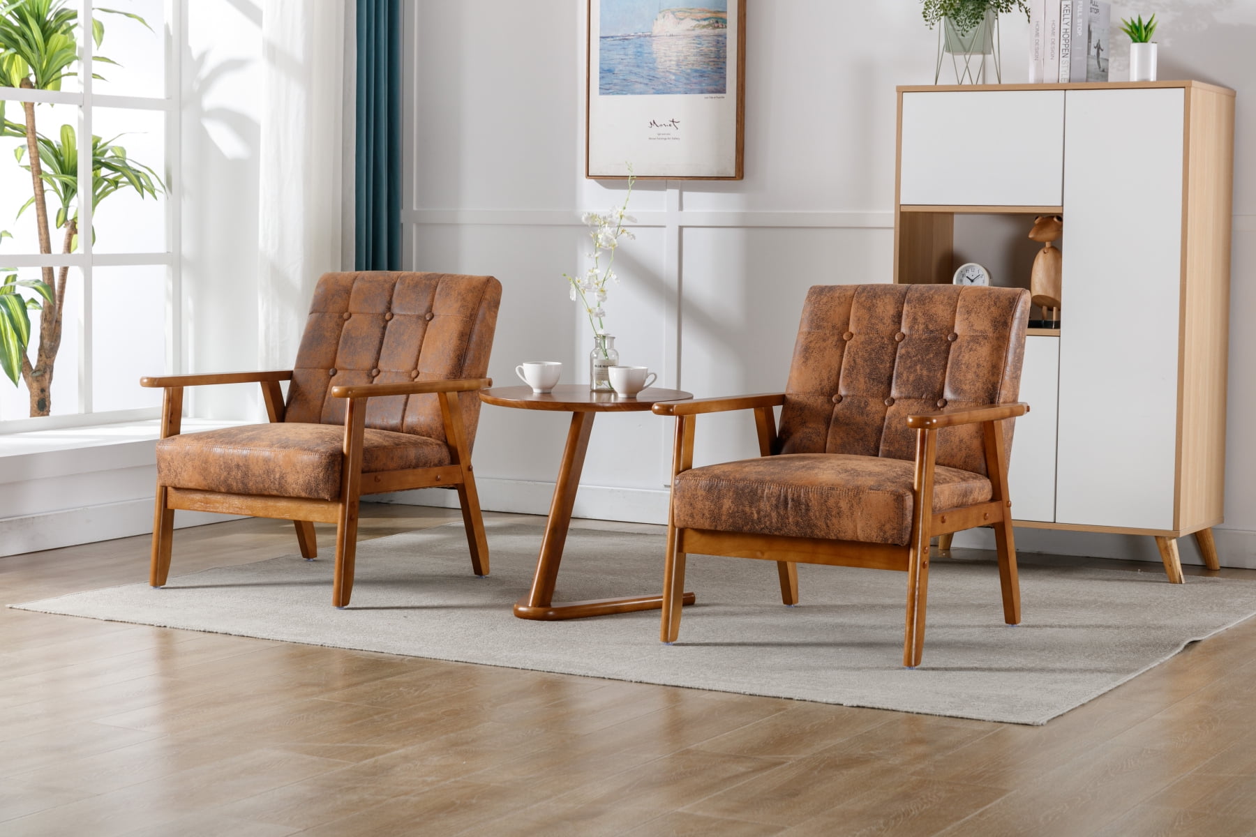 3PCS SET Accent Chairs with Side Table Mid Century Modern Fabric Upholstered Armchairs Lounge Chair with End Table and Solid Wood Frame Comfy