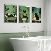3PCS/SET Funny Bathroom Art Prints Black Cat In Bathtub Sitting On Toilet Reading Newspaper Artwork Vintage Green Canvas Poster (Framed canvas) Wall Painting For Shower Room Decor(Framed canvas)