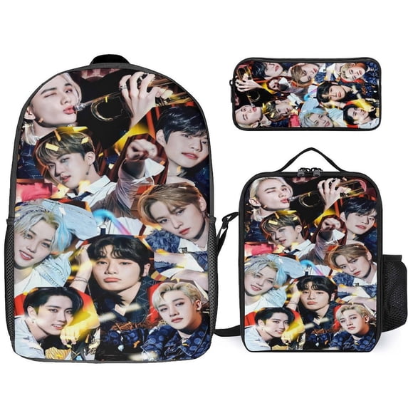 3PCS SKZ Stray Korea Ki Backpack Set Large Capacity Bookpacks With Lunch Box Pencil Case 17In Backpack Set