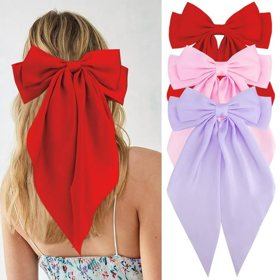 3PCS Satin Large Hair Bows Big Oversized Giant Bow Hair Clips French Barrettes with Long Silky Ribbon Bowknot Bun Ponytail Holder Accessories for Women Lady Girl