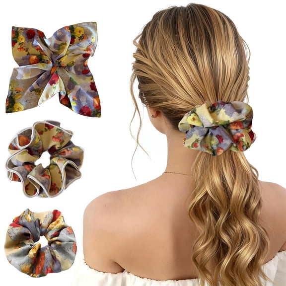 3PCS Satin Scrunchies for Women, Vintage Oil Painting Oversized Scrunchie Set with Satin Scarf and Layered Hair Scrunchie, Soft Satin Hair Accessories