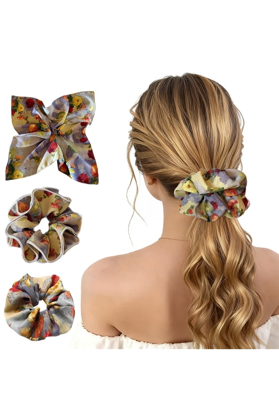 3PCS Satin Scrunchies for Women, Vintage Oil Painting Oversized Scrunchie Set with Satin Scarf and Layered Hair Scrunchie, Soft Satin Hair Accessories