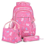 3PCS School Backpack with Lunch Bag & Pencil Pouch, Printed Girls School Bag Set for Primary Middle School Students - Rose Red