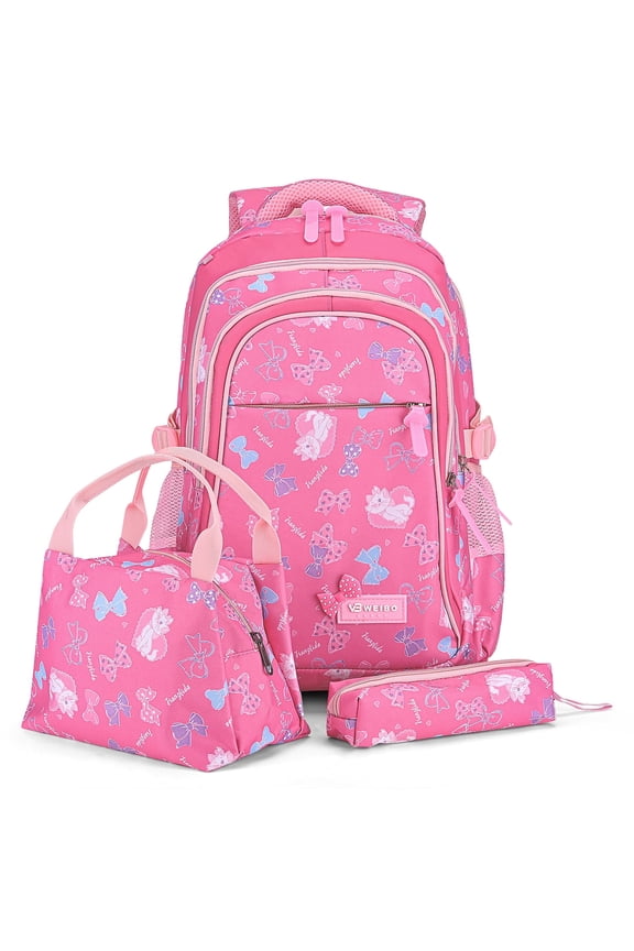 3PCS School Backpack with Lunch Bag & Pencil Pouch, Printed Girls School Bag Set for Primary Middle School Students - Rose Red