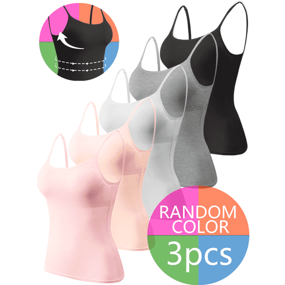 3PCS  Scoop Neck Tank Tops for Womens Adjustable Spaghetti Strap Undershirts Basic Camisole with Shelf Bra（ 3 Random Colors）