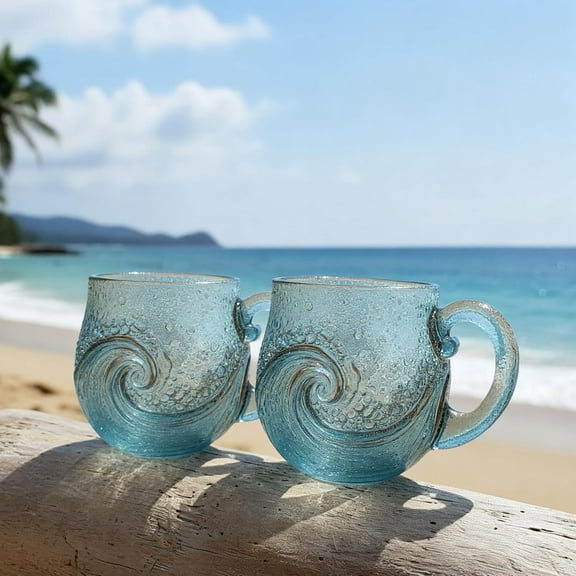 3PCS Sea Wave Mug Handblown Glass Mug Cup Unique Textured Beach Theme Mug For Tea Wine Handcrafted Sea Inspired Drinkware Gift For Sea Lovers