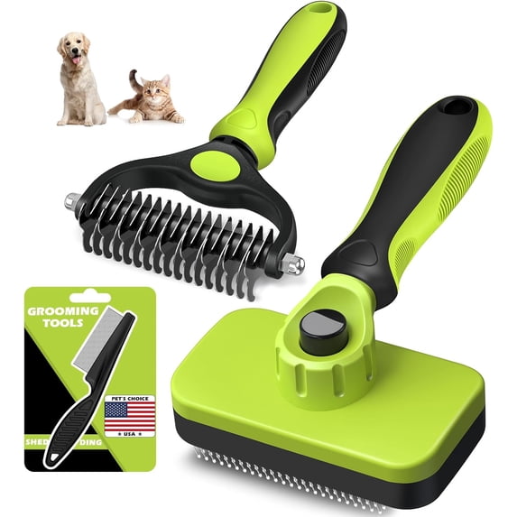 3PCS Self Cleaning Slicker Brush & Pet Grooming Rake & Flea Comb for Dogs,Cats and Horses | Double-Sided Dematting Comb & Skin Friendly Deshedding Grooming Tool (Green)