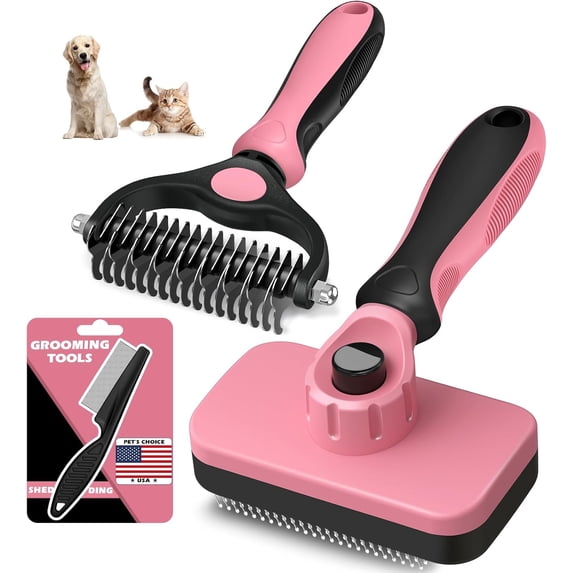3PCS Self Cleaning Slicker Brush & Pet Grooming Rake & Flea Comb for Dogs,Cats and Horses | Double-Sided Dematting Comb & Skin Friendly Deshedding Grooming Tool | Pet Supplies (Light Pink)