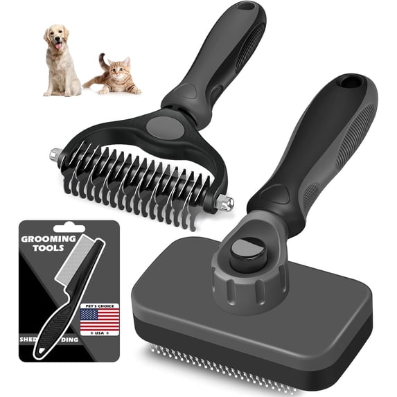 3PCS Self Cleaning Slicker Brush & Pet Grooming Rake & Flea Comb for Dogs,Cats and Horses | Double-Sided Dematting Comb & Skin Friendly Deshedding Grooming Tool | Premium Pet Supplies(Gray)