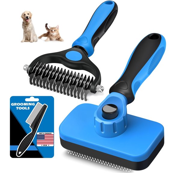 3PCS Self Cleaning Slicker Brush & Pet Grooming Rake & Flea Comb for Dogs,Cats and Horses | Double-Sided Dematting Comb & Skin Friendly Deshedding Grooming Tool | Premium Pet Supplies