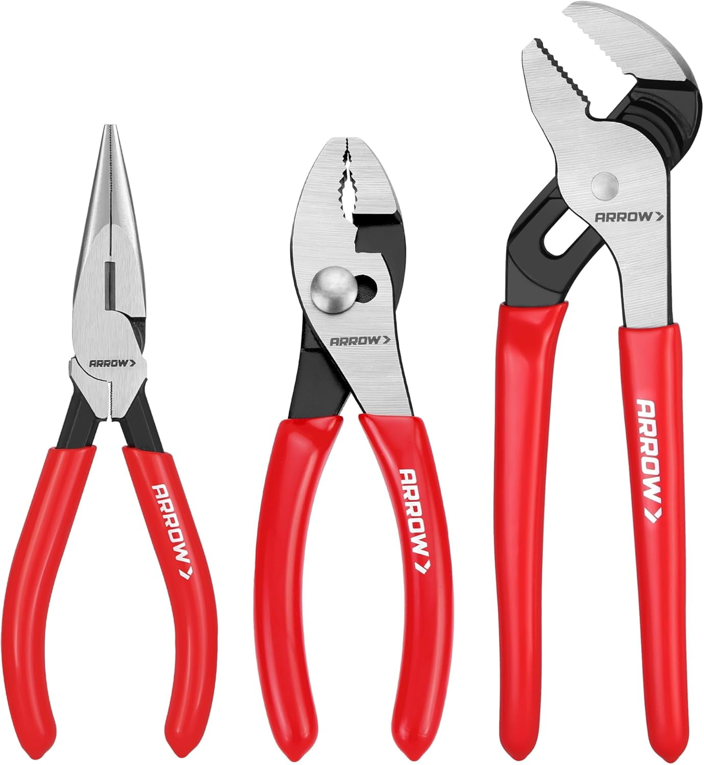 3PCS Set, 6" Needle Nose , 6" Slip Joint, 8" Groove Joint with Non-slip Handle, Premium Carbon Steel, for Daily Repair & Home Maintenance
