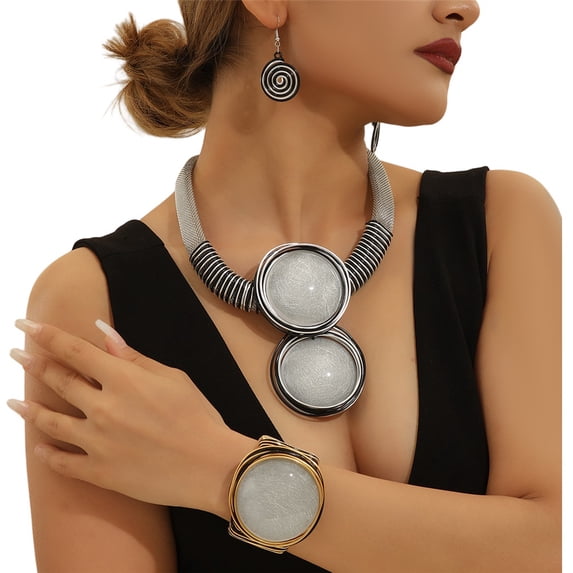 3PCS/Set Aluminum Wire Jewelry Resin Round Bead Necklace and Earring Bangle Set for Women Colorful Fashion Costume Accessory for Weddings Parties Everyday Wear