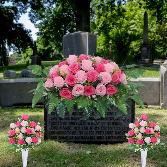 3PCS/Set Artificial Cemetery Flower Saddles, Memorial Grave Flowers with Rose Bouquet for Tombstone Headstone Decorations, for Outdoor Cemetery Vase, Long-Lasting Grave Decorations and Remembrance