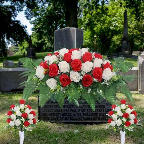 3PCS/Set Artificial Cemetery Flower Saddles, Memorial Grave Flowers with Rose Bouquet for Tombstone Headstone Decorations, for Outdoor Cemetery Vase, Long-Lasting Grave Decorations and Remembrance