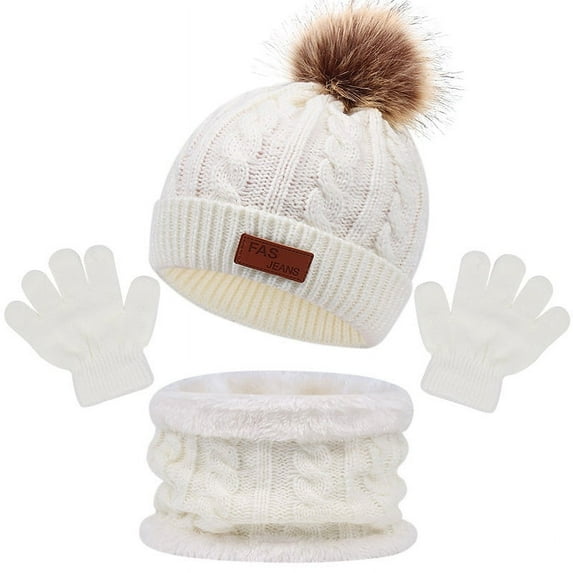3PCS Set Baby Winter Hat Pompom Children Hat Knitted Cute Warm Cap Scarf Gloves Suit for Girl Boy,White