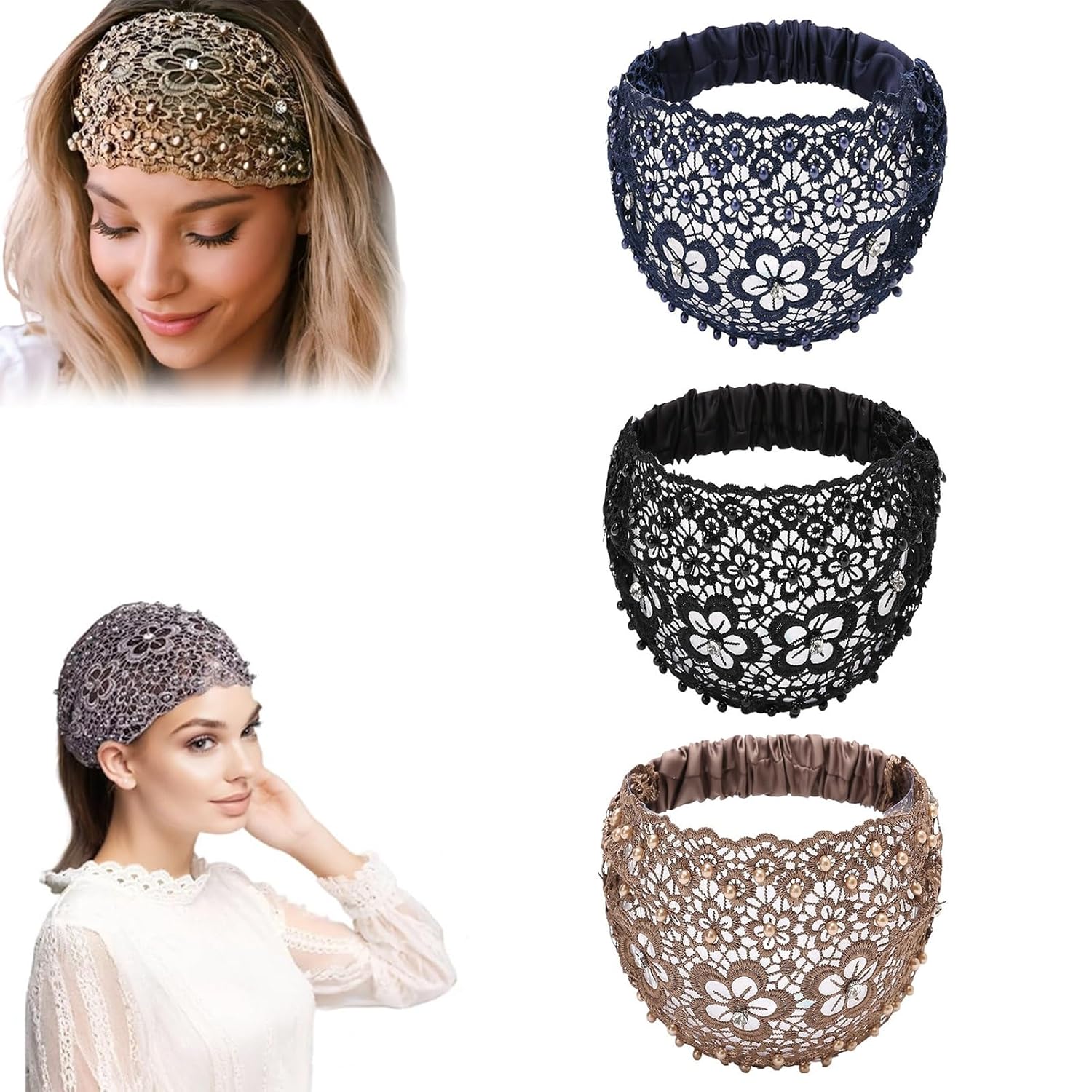 3PCS Set Boho-Chic Crystal & Pearl Embellished Wide 