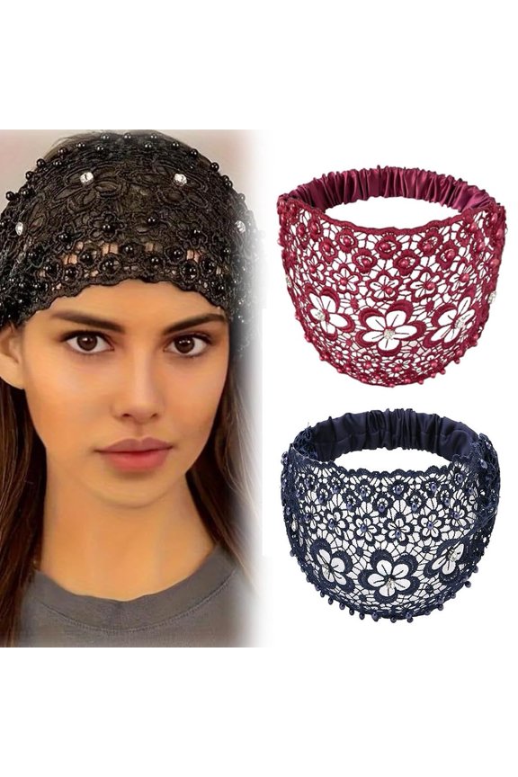 3PCS Set Boho-chic Crystal & Pearl Embellished Wide Headbands for Women,Luxury Fashion Hair Accessories Ideal for Weddings,Elastic Floral Lace Headband,Vacations & Daily Styling(4pcs-A)