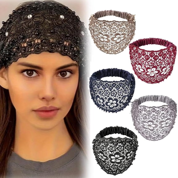 3PCS Set Boho-chic Crystal & Pearl Embellished Wide Headbands for Women,Luxury Fashion Hair Accessories Ideal for Weddings,Elastic Floral Lace Headband,Vacations & Daily Styling(4pcs-A)