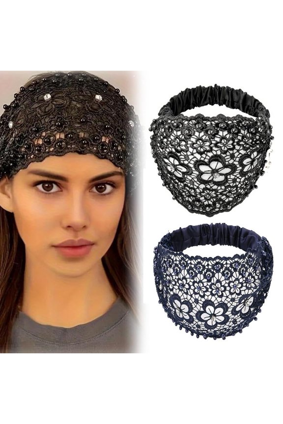 3PCS Set Boho-chic Crystal & Pearl Embellished Wide Headbands for Women,Luxury Fashion Hair Accessories Ideal for Weddings,Elastic Floral Lace Headband,Vacations & Daily Styling(4pcs-A)