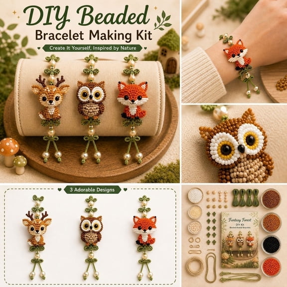 3PCS/Set DIY Forest Friends Beaded Bracelet Making Kit, 3 Styles Animal Design Bead Bracelet Set, Beginner Friendly Handcraft Bracelet Kit for Adult DIY Enthusiasts Gift (B)